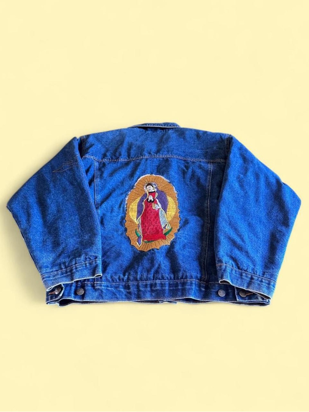 Vintage Virgen de Guadalupe Embroidered Sherpa Denim Jacket Men’s Size XL